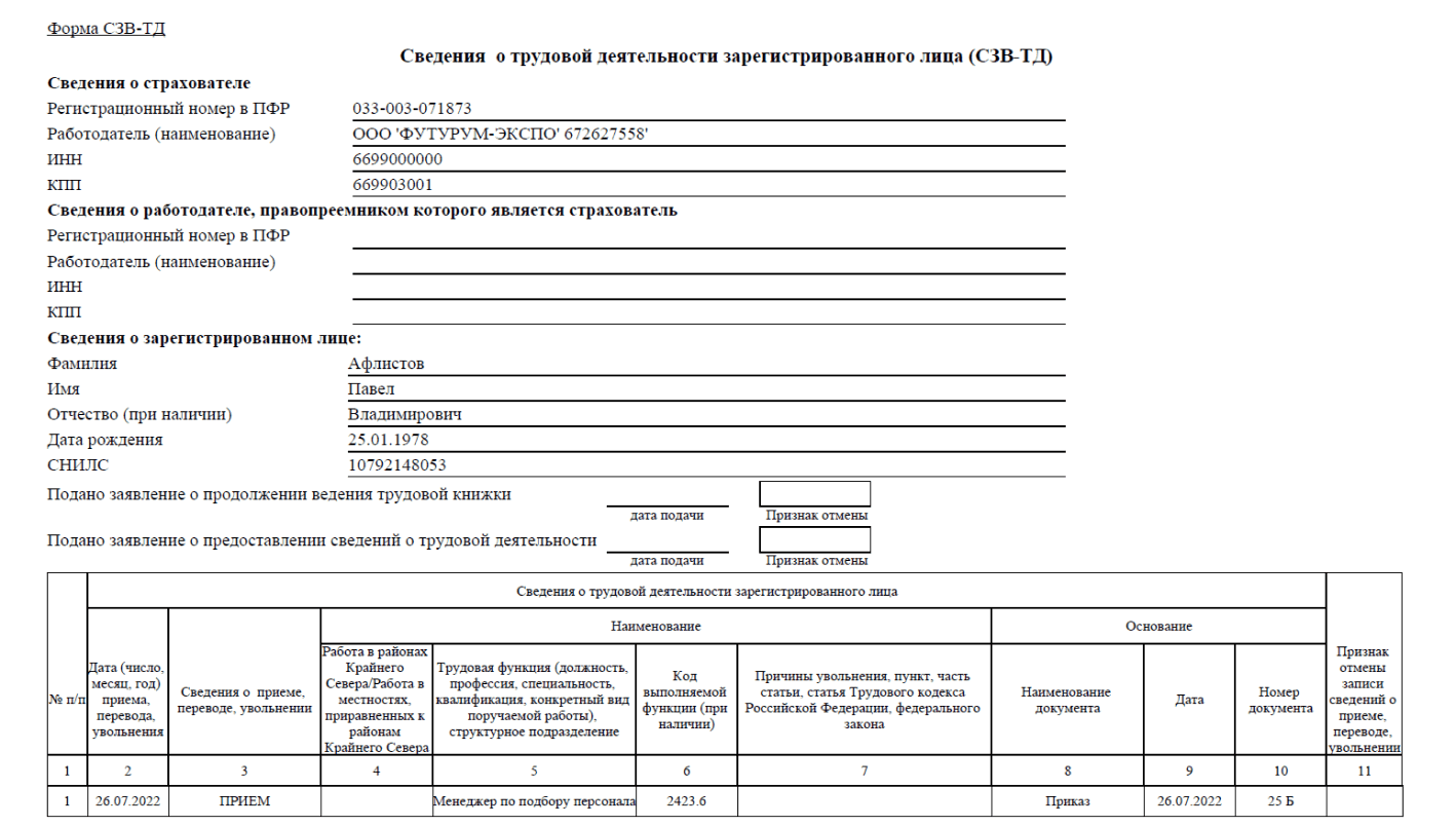 Образец заполнения СЗВ-ТД