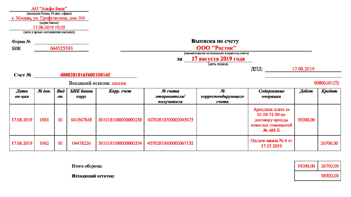 Выписка из банка образец