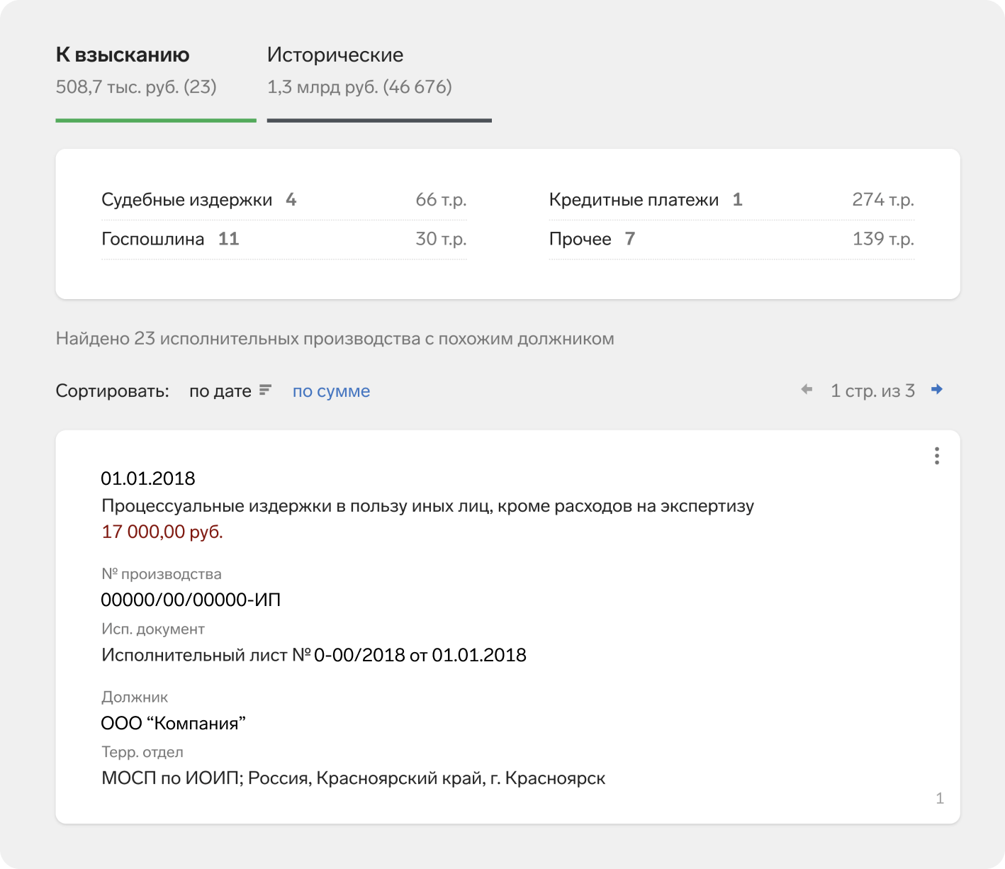 Активные и исторические исполнительные производства в Фокусе