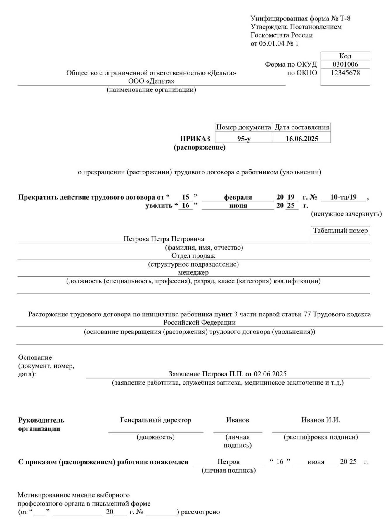 Пример приказа об увольнении