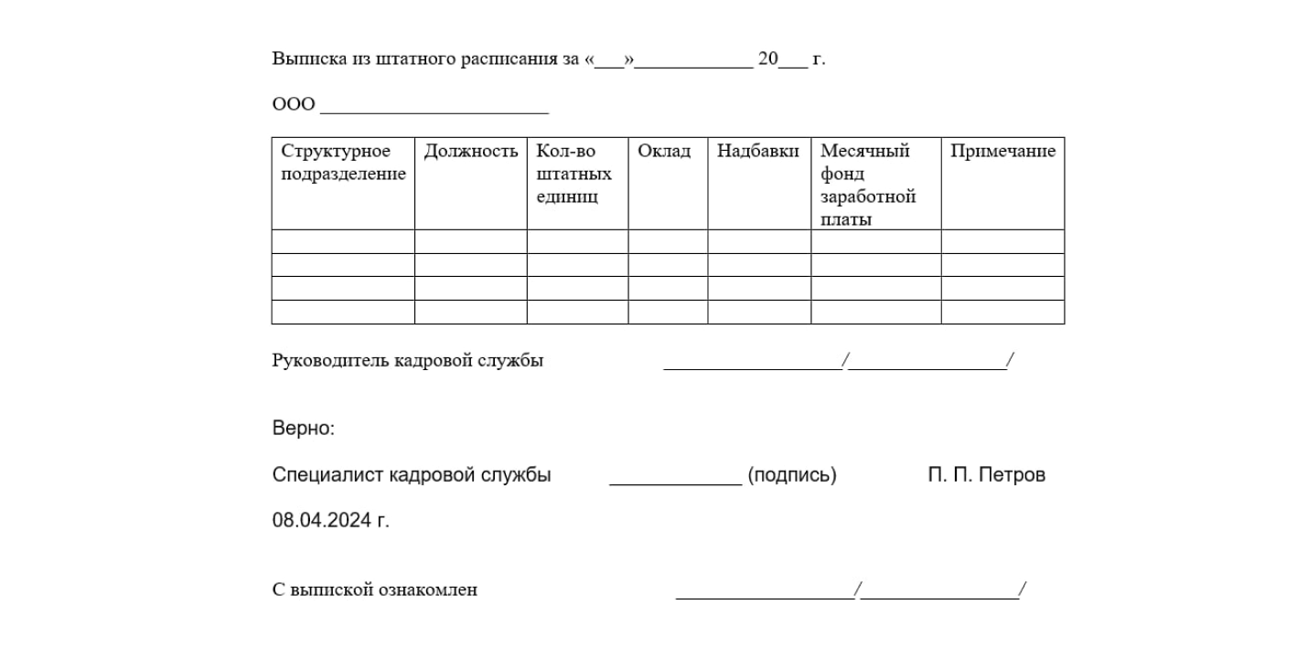 Выписка из штатного расписания: что это, кто составляет и заверяет, образец  оформления — Контур.КЭДО — СКБ Контур