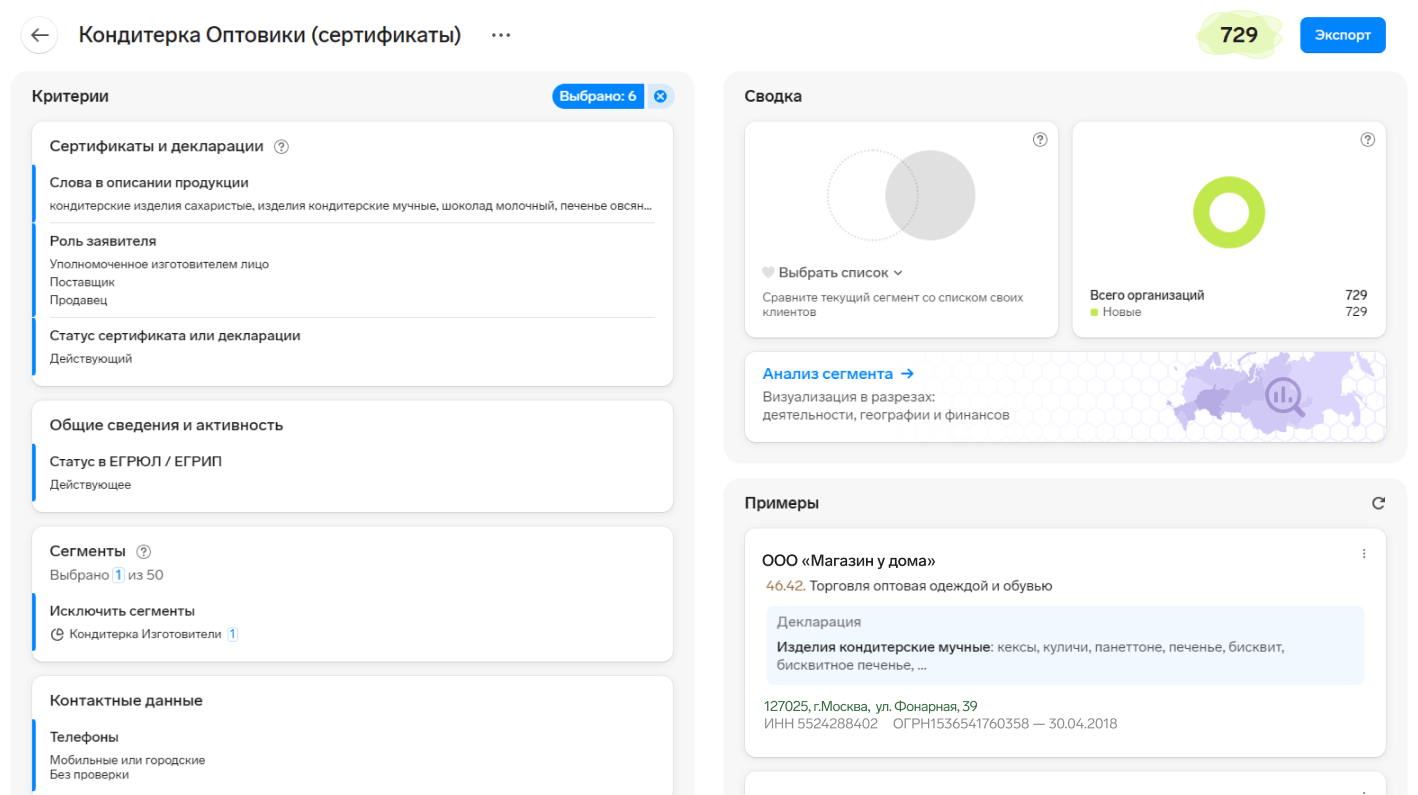 Список организаций по примененным фильтрам в сервисе Контур.Компас