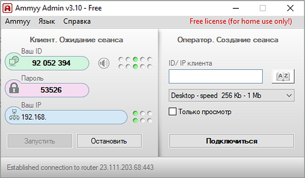 Скриншот AmmyAdmin, установка сессии
