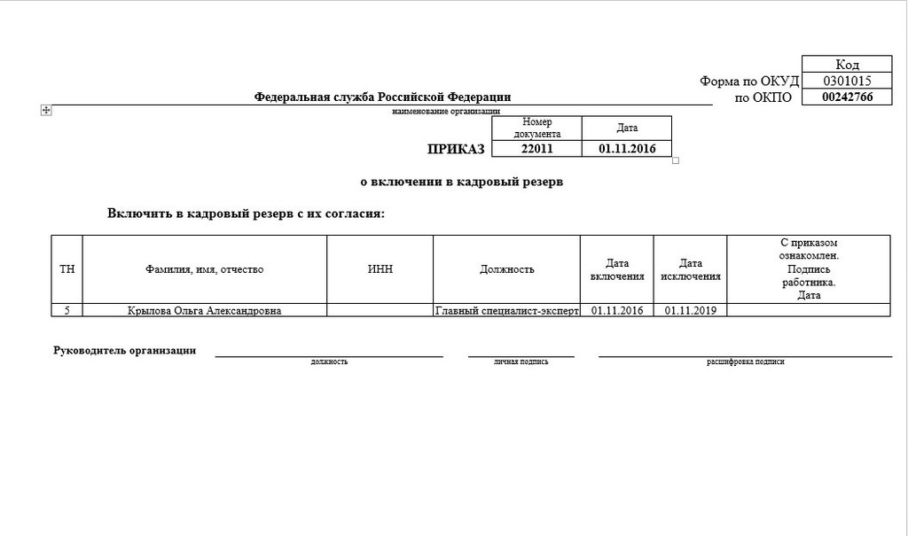 Приказ о включении в кадровый резерв образец