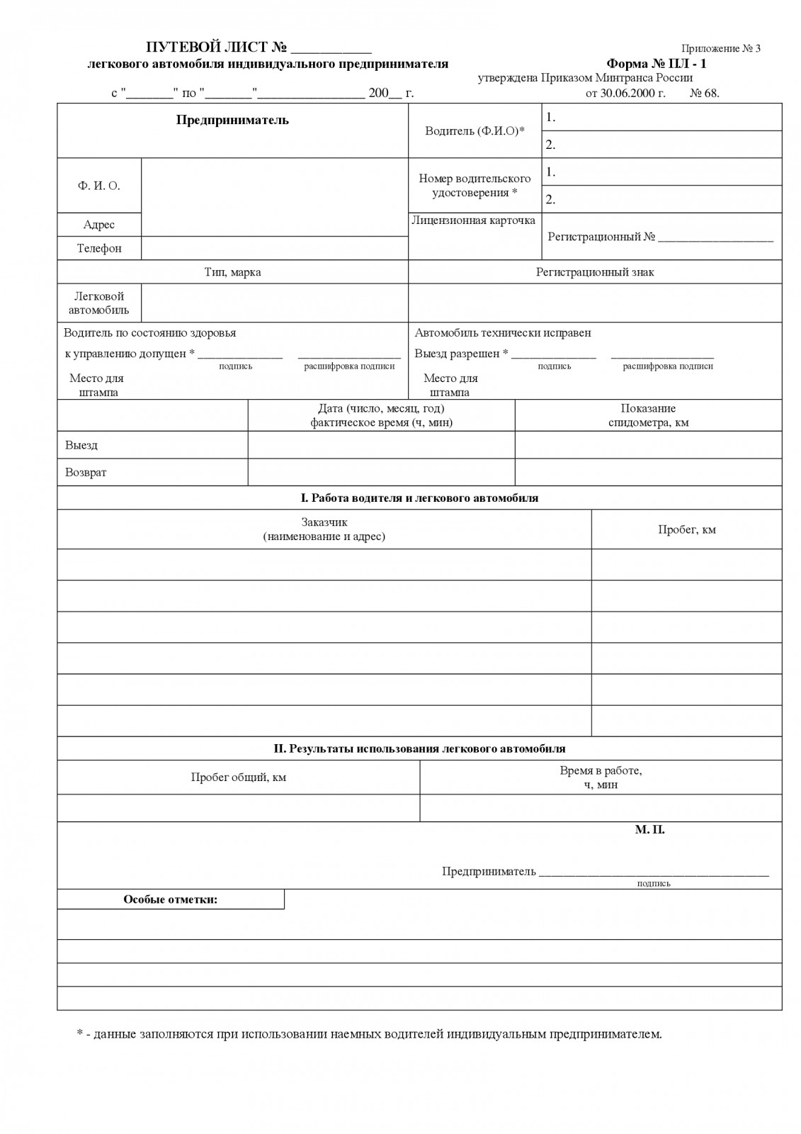Форма № ПЛ-1 «Путевой лист легкового автомобиля индивидуального  предпринимателя» — Контур.Бухгалтерия