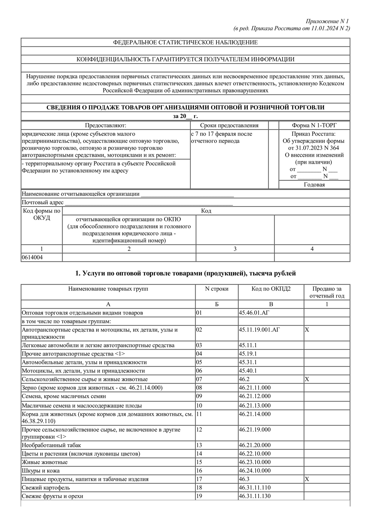Актуальный бланк отчетности по форме Форма 1-ТОРГ — Контур.Экстерн